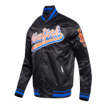 CHAMARRA NEW YORK METS SCRIPT TAIL MENS SATIN JACKET BLACK ROYAL BLUE BLACK en STOCK