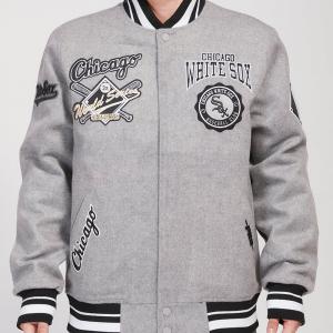 CHAMARRA AGO WHITE SOX CREST EMBLEM RIB WOOL VARSITY JACKET HEATHER GRAY BLACK en STOCK