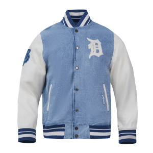 CHAMARRA DETROIT TIGERS VARSITY BLUES MENS DENIM VARSITY JACKET DENIM LINEN en STOCK