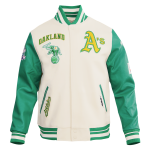 CHAMARRA AND ATHLETICS RETRO CLASSIC RIB WOOL VARSITY JACKET EGGSHELL KELLY GREEN en STOCK