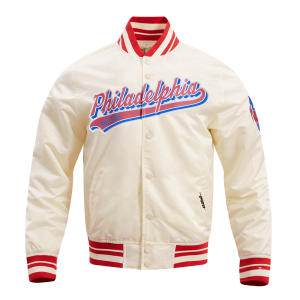 CHAMARRA PHILADELPHIA PHILLIES SCRIPT TAIL MENS SATIN JACKET EGGSHELL RED en STOCK