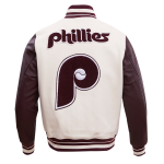CHAMARRA ADELPHIA PHILLIES RETRO CLASSIC RIB WOOL VARSITY JACKET EGGSHELL WINE en STOCK